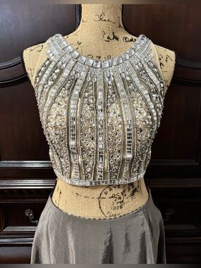 COLORS  Silver Beading / Crystal Embellishments On A Nude Mesh Overlay Top